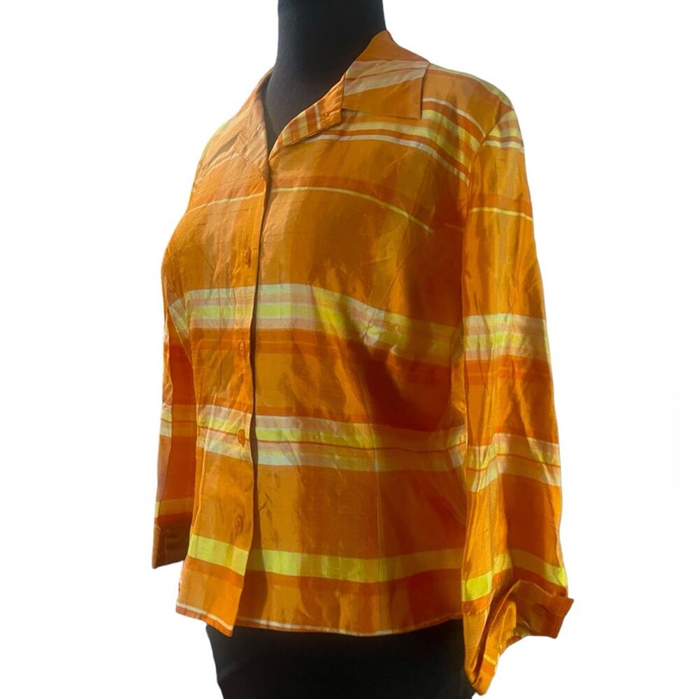 Vtg 90s Silk Orange Plaid Stripe Boxy Button Front Retro Preppy Colorful Blouse - Picture 2 of 7